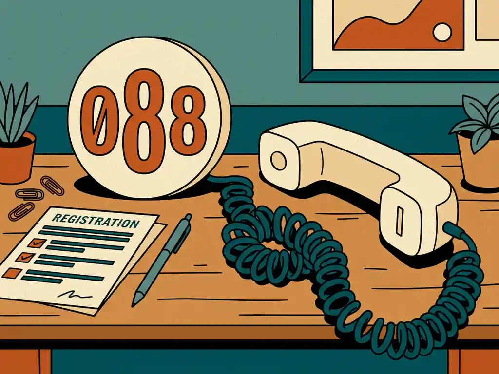 Vintage bureautelefoon met gedraaid snoer en cijfers 088 op het kiesschijfbord, naast een inschrijfformulier en pen.