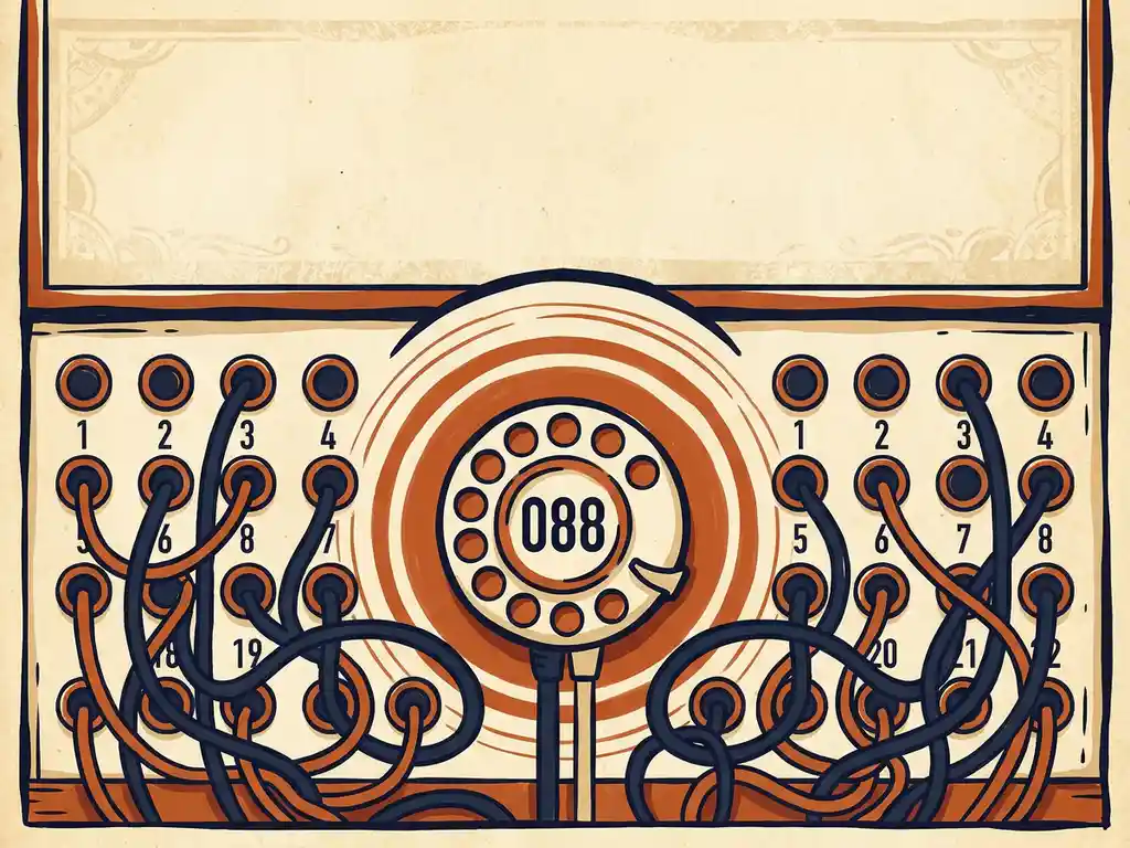 Vintage telefooncentrale met genummerde jacks en kabels, centraal 088-kiesschijf omringd door concentrische ringen in crème, marineblauw en oranje.