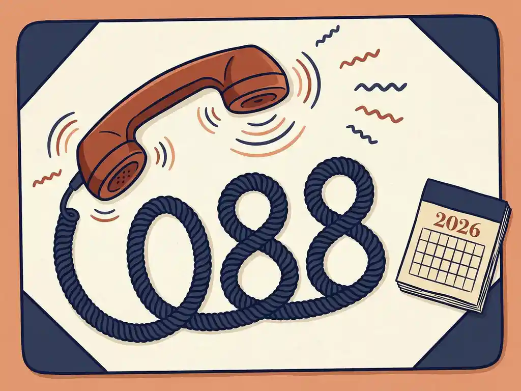 Vintage telefoonhoorn met snoer dat het getal 088 vormt op een bureau, omringd door signaalgolven en kalender 2026.