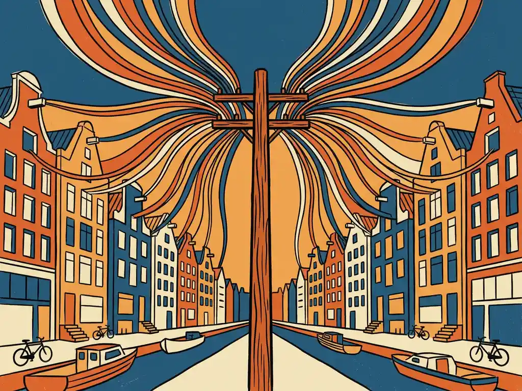 Telefoonpaal met kleurrijke kabels verbonden aan kantoorgebouwen in een gestileerde Nederlandse stadsgezicht illustratie.