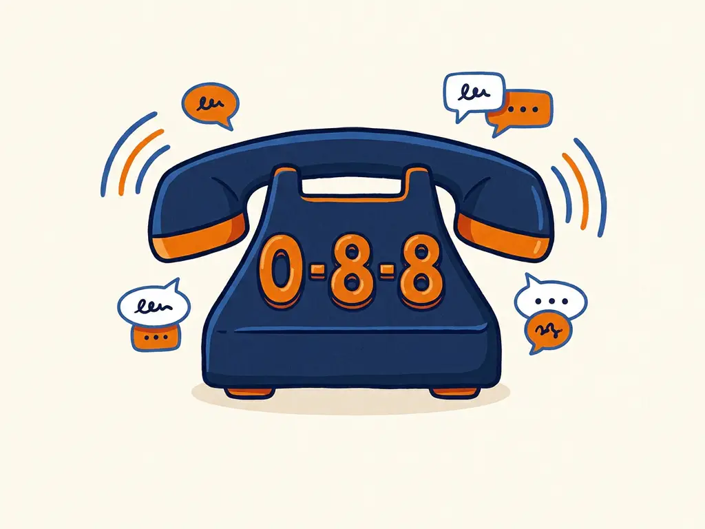 Klassieke telefoonhoorn met cijfers 0-8-8, omringd door spraakbellen in marineblauw, oranje en wit.