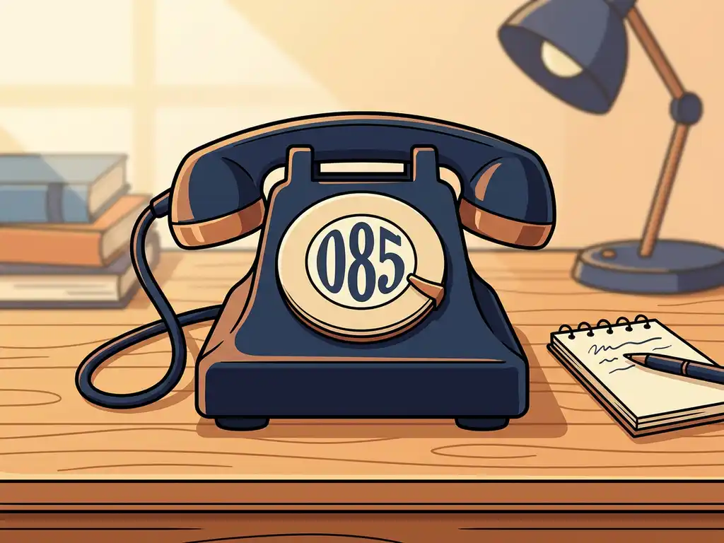 Vintage bureautelefoon met 085-kiesschijflabel op een houten bureau, omringd door notitieblok en pen, warme amber en marineblauw tinten.