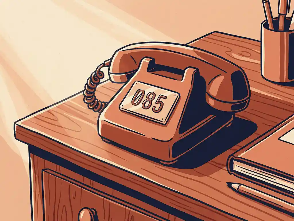 Vintage telefoonhoorn met nummerplaat 085 op een houten bureau, geïllustreerd in redactionele stijl met terracotta en marineblauw tinten.