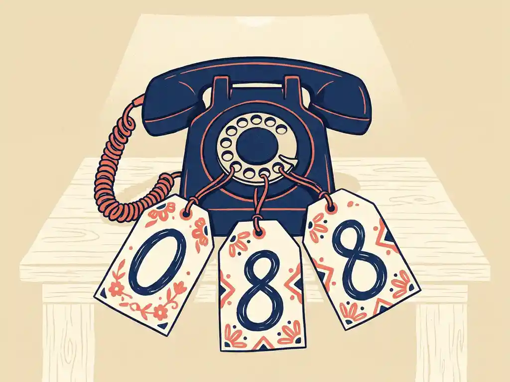 Vintage telefoonhoorn met prijskaartjes met cijfers 0-8-8 aan het snoer, illustratie in marineblauw, koraal en crème.