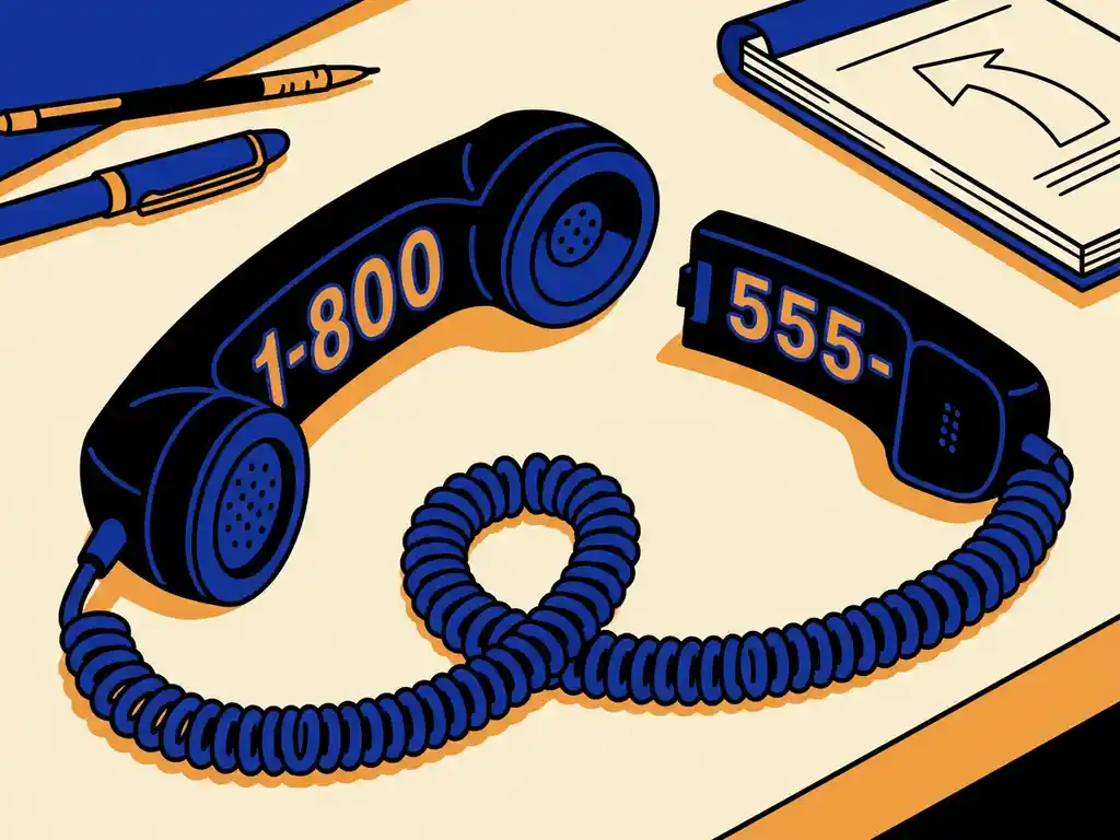 Twee vintage telefoonhoorns naast elkaar in kobaltblauw en oranje, vlakke illustratiestijl op crèmekleurige achtergrond.