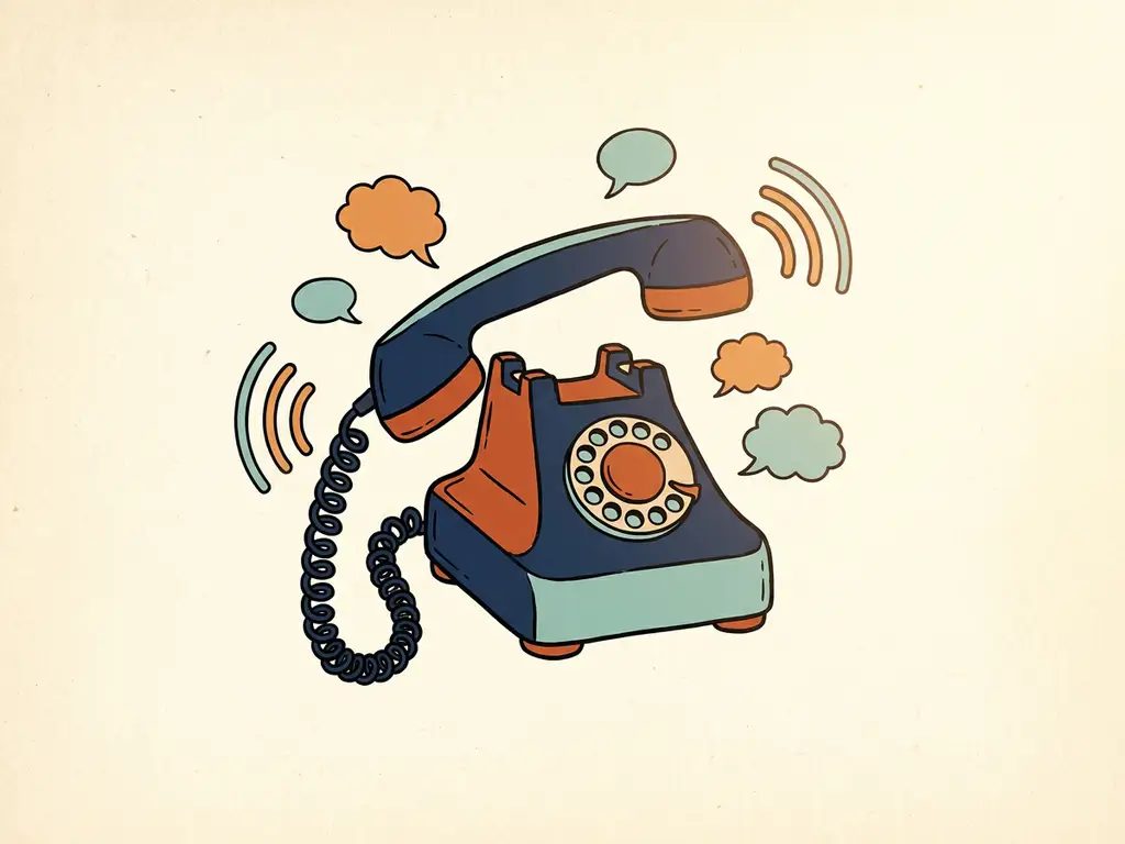 Vintage illustratie van een klassieke bureautelefoon met krulsnoer, omringd door tekstballonnen en signaallijnen op een crèmekleurige achtergrond.