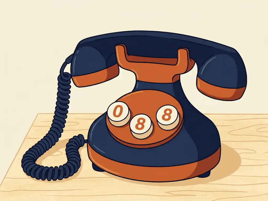 Vintage telefoonhoorn met kiesschijfknoppen 0-8-8 op retro basis, vlakke illustratiestijl in marineblauw en warm oranje.