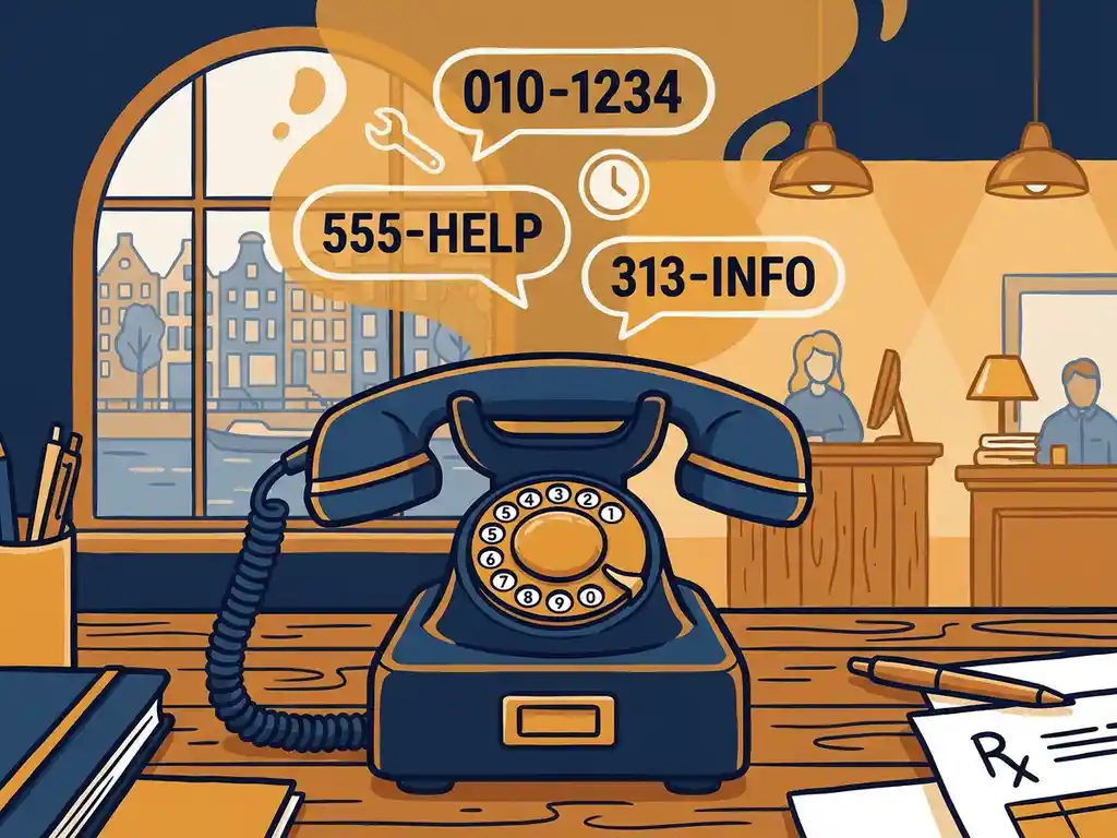 Vintage telefoonhoorn op roterende kiesschijf met gestileerde nummerbellen, warm Rotterdams kantoor op de achtergrond in marineblauw en amber.