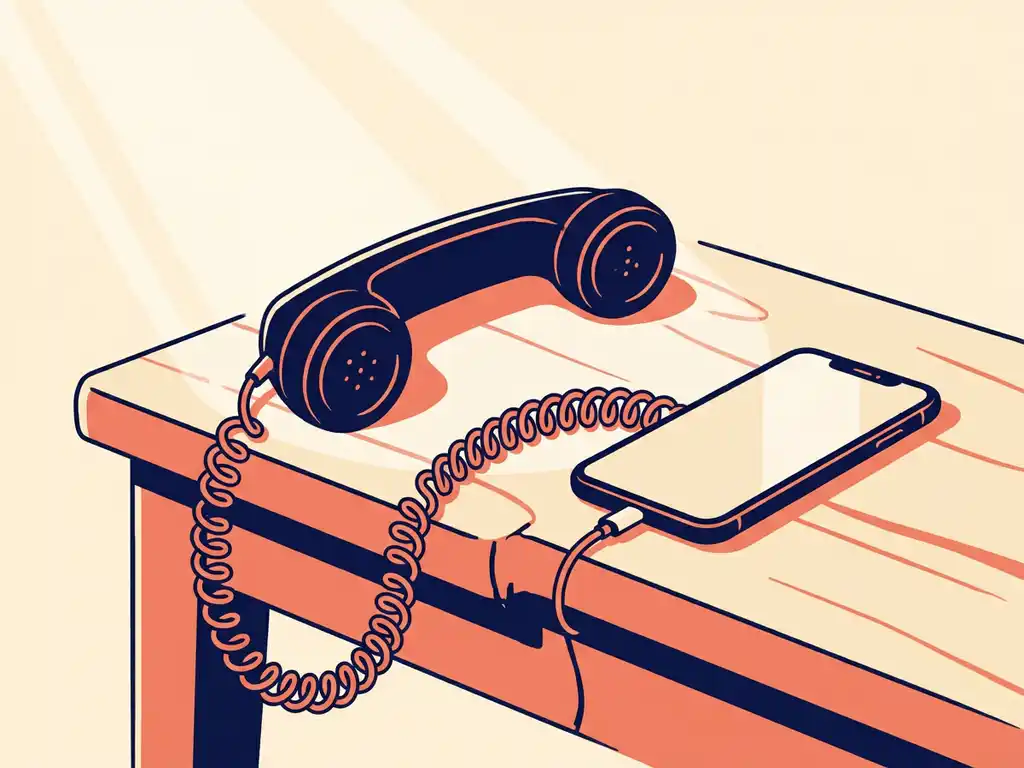 Vintage telefoonhoorn met krullend snoer verbonden aan een moderne smartphone op een houten bureau, vlakke illustratie in marineblauw, koraal en crème.