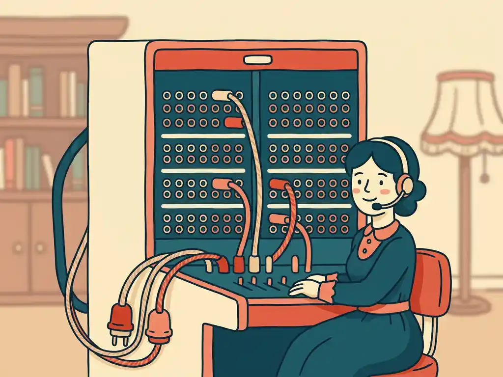 Vintage telefooncentrale met ingeplugde kabels en genummerde poorten in een retro illustratiestijl met crème, teal en koraalaccenten.