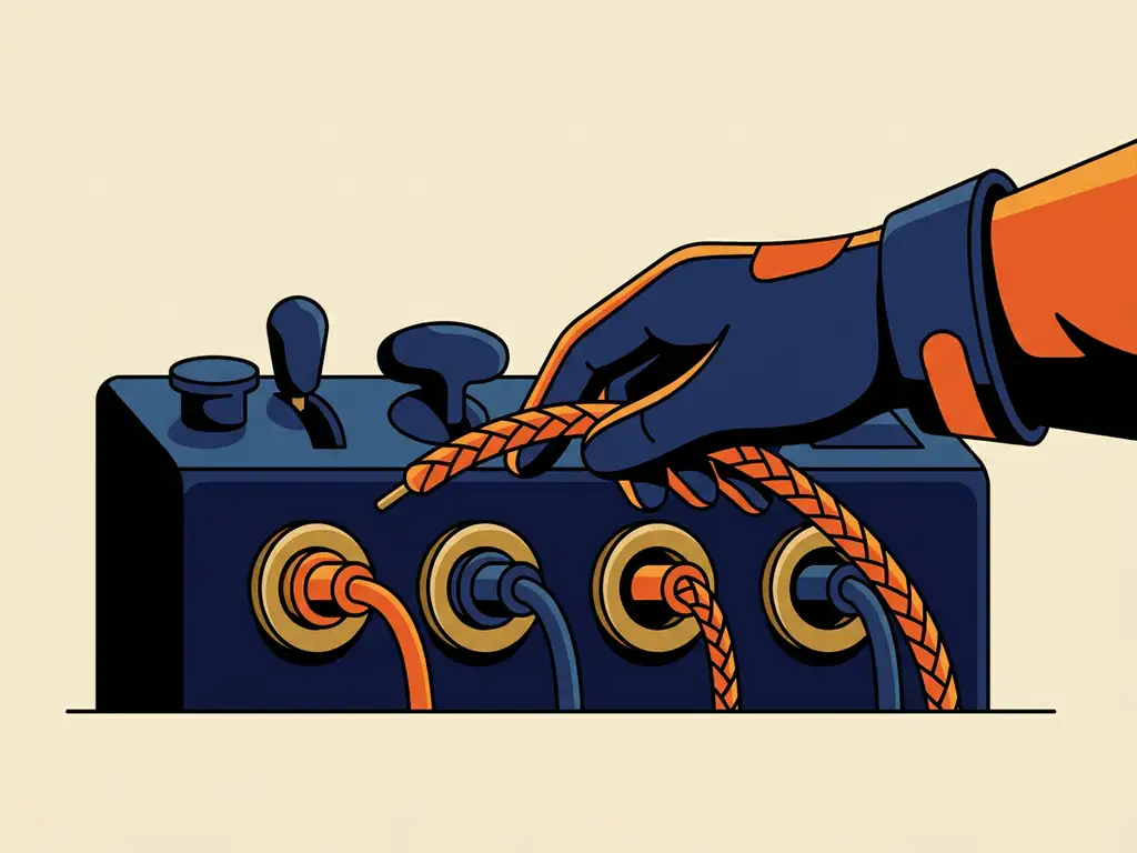 Retro telefooncentrale met vier kabelpoorten verbonden door één hand, geïllustreerd in marineblauw en oranje op crèmekleurige achtergrond.