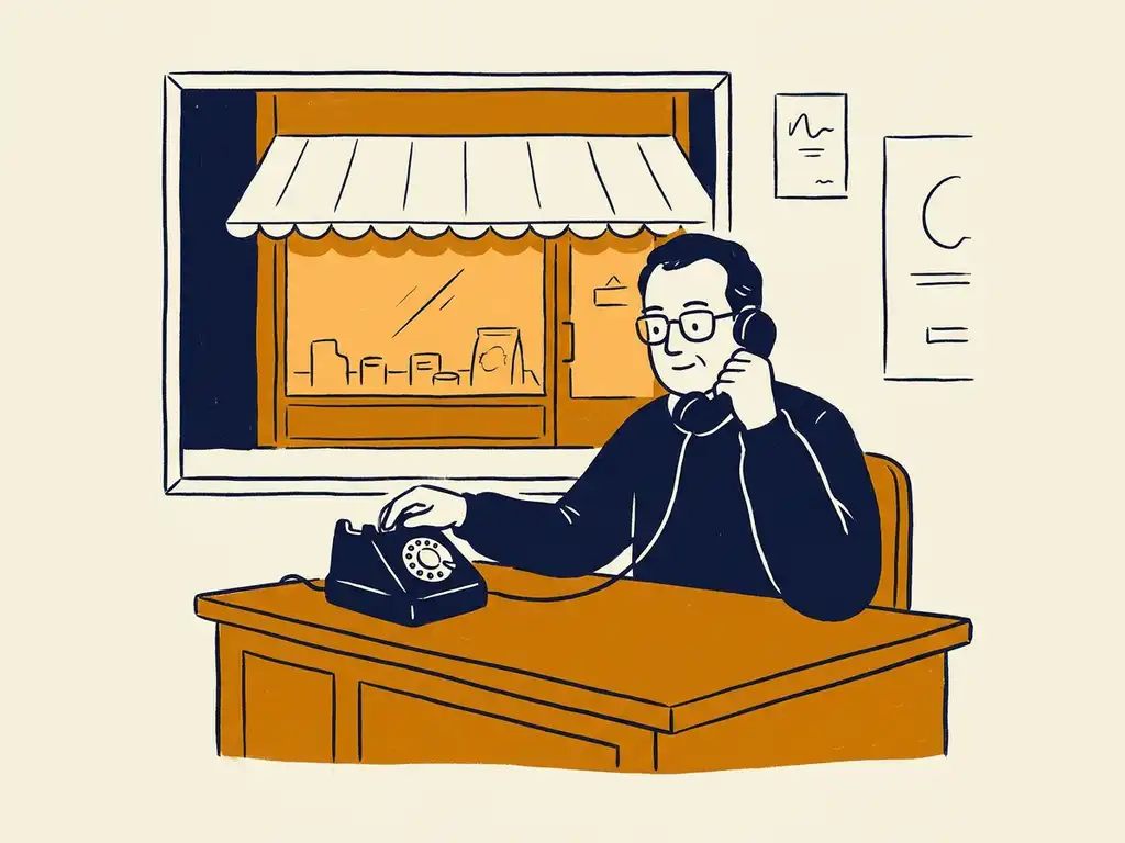 Zelfstandige winkeleigenaar aan houten bureau met telefoonhoorn, warme etalage op achtergrond, vlakke illustratie in marineblauw en amber.